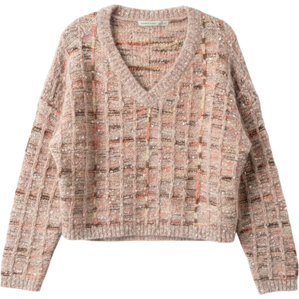 Altar'd State Womens V-Neck Eyelash Knit Sequin Sweater Pink Multi BT2647B-AS S